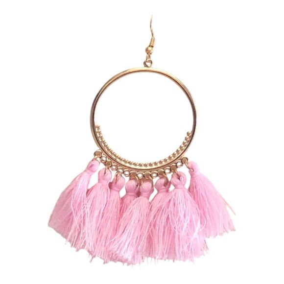 Boho Chic Hippie NWOT Light Pink Tassel Gold Tone Metal Hoop Earrings - Picture 7 of 10